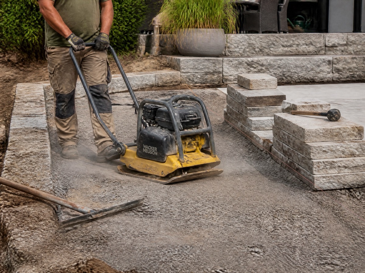GartenArk-Fachpartner verdichtet den Schotterunterbau für eine neue Terrasse