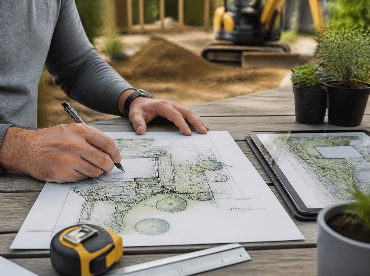Gartenplanung: Handskizze eines Gartenentwurfs auf einem Baustellentisch